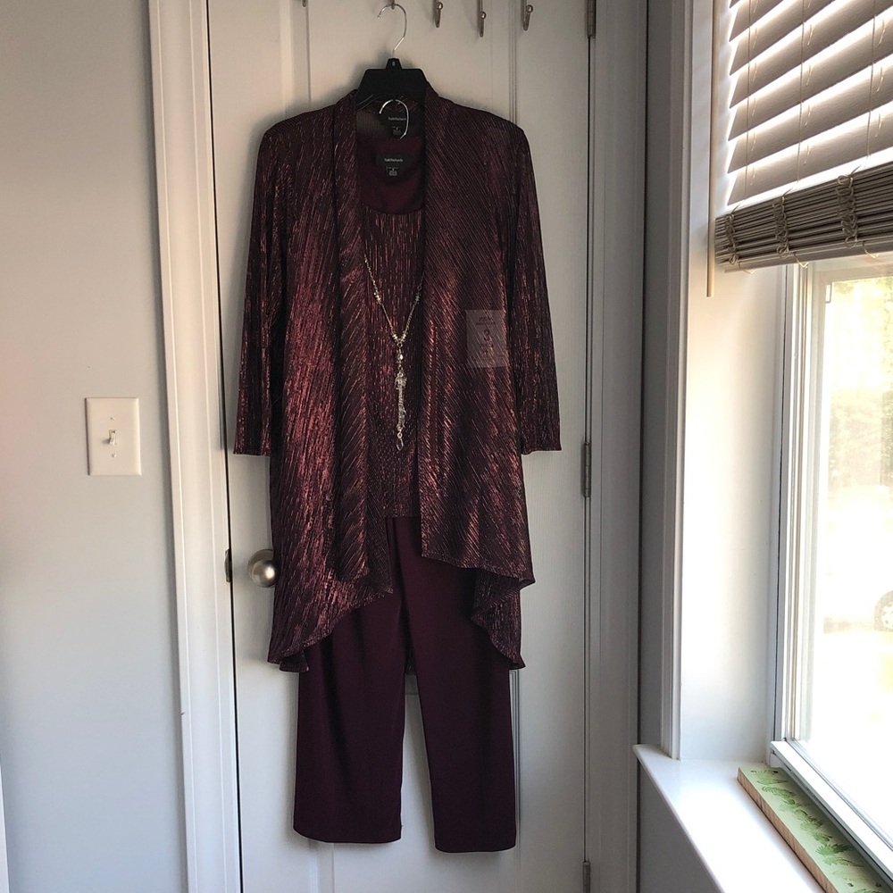 R&M Richards Deep Merlot Shimmery 3 Piece Pant Set